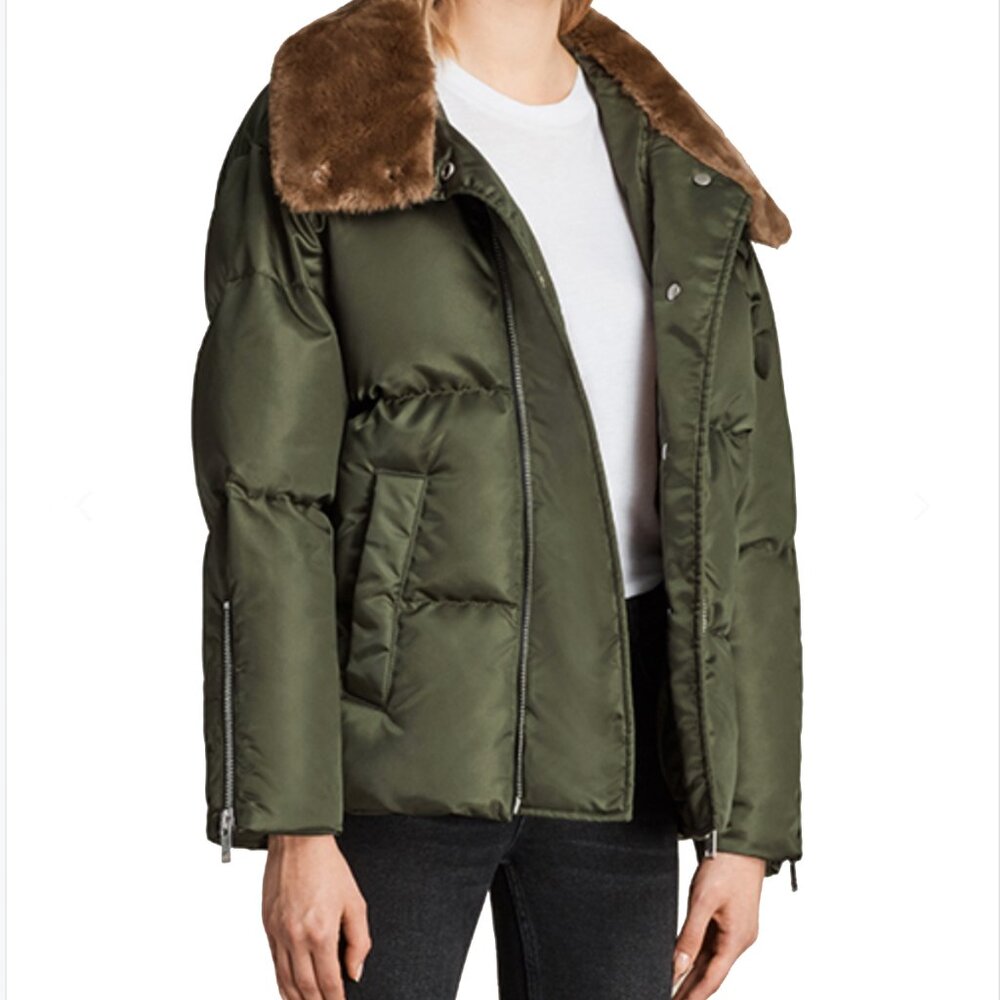 ALLSAINTS Women’s Pax Puffer Jacket Olive Green Faux Fur Hood Down Fill Size XS